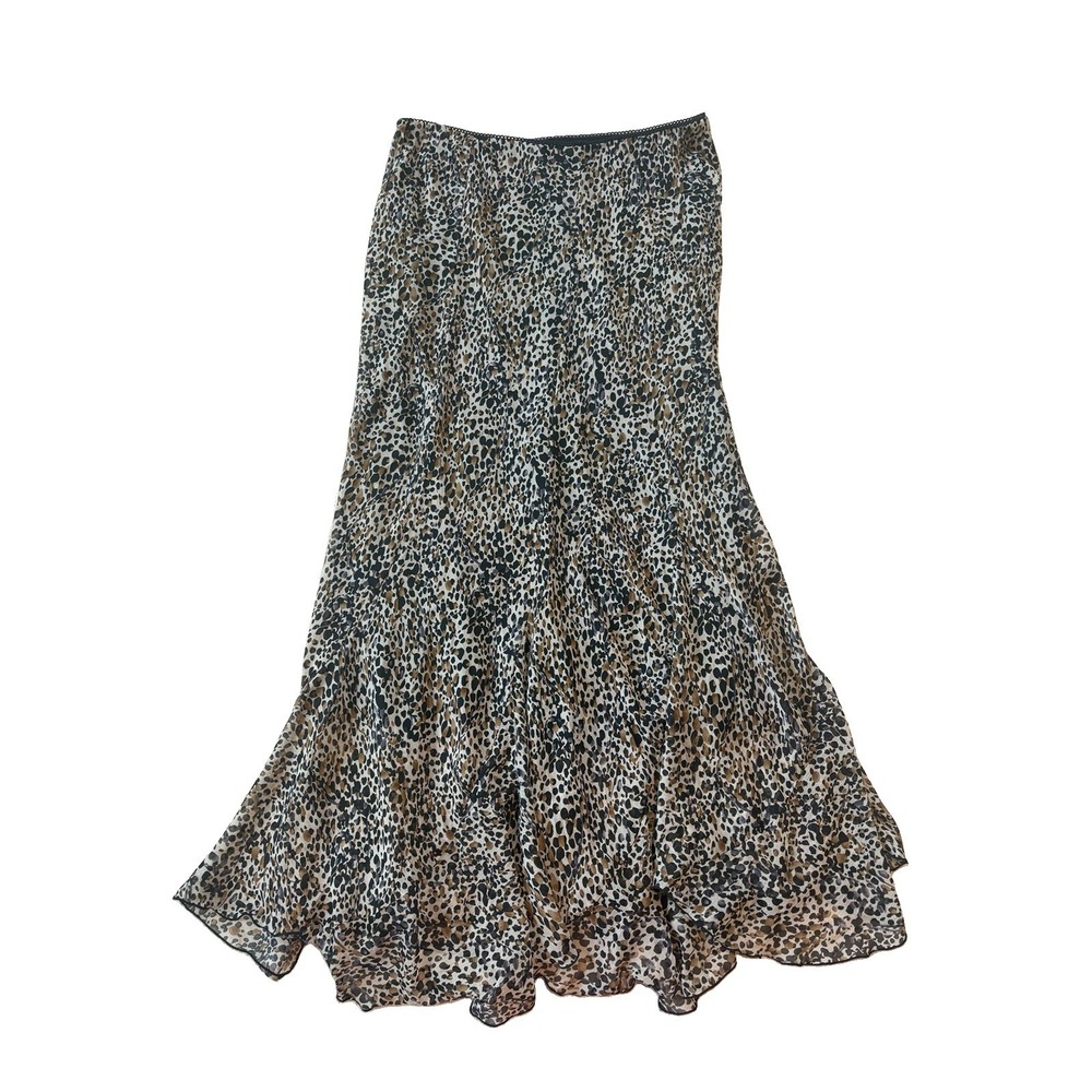 Women's Leopard Chiffon Maxi Skirt Medium Brown‎ Layered Lined Elastic Waist Y2K